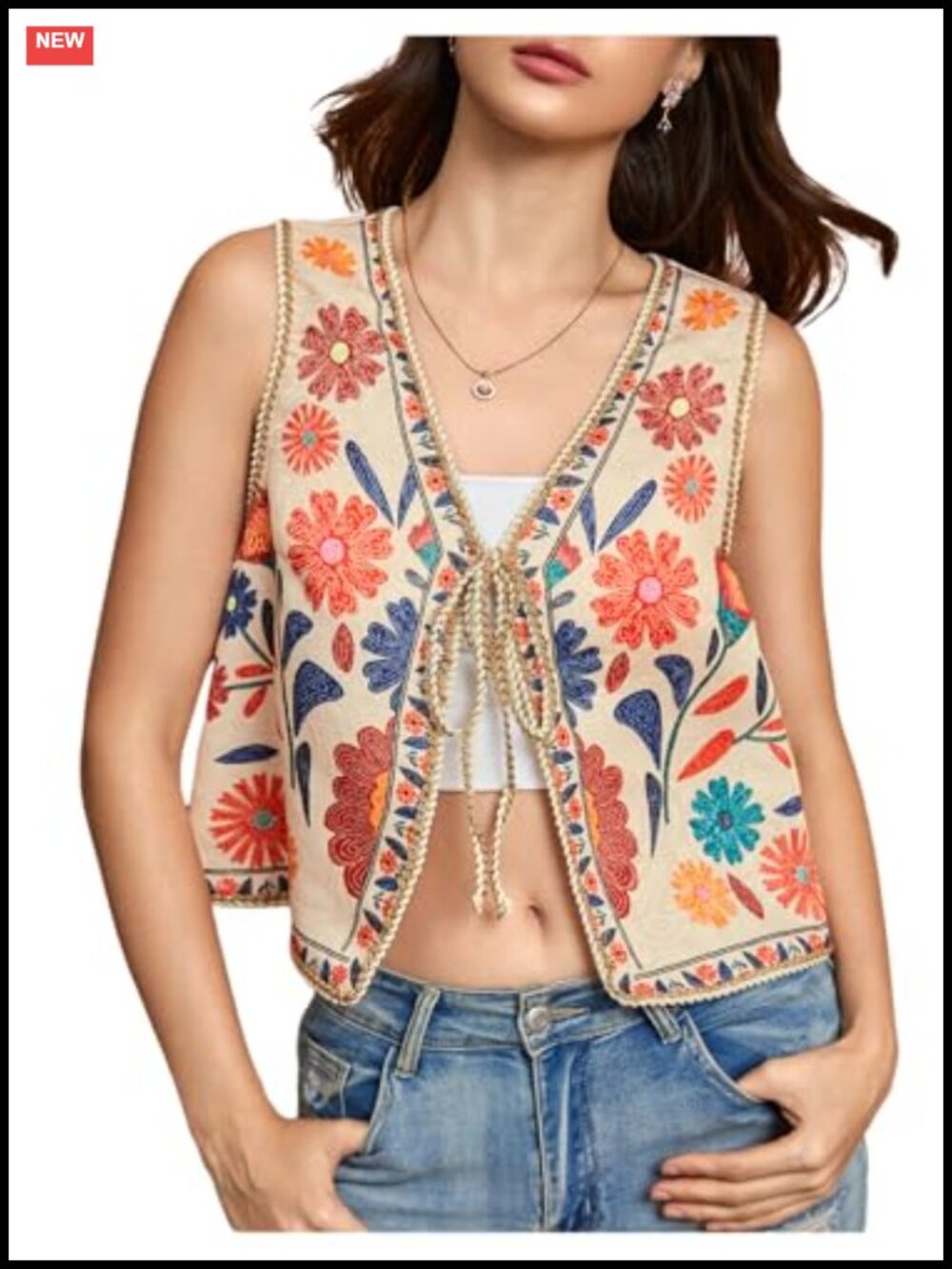 Women's Bohemian Floral Vest Tie Front Sleeveless Western Top